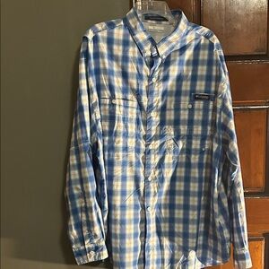 Columbia Men's Light Blue and White Plaid Button-Down Shirt